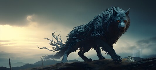 A haunted gothic fenrir perched on a wind-swept hill,ai generative