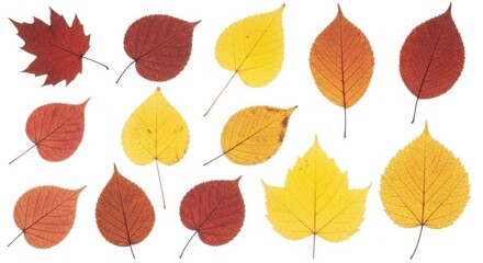 Autumnal Array: Vibrant Fall Leaves on White Background, Botanical Composition