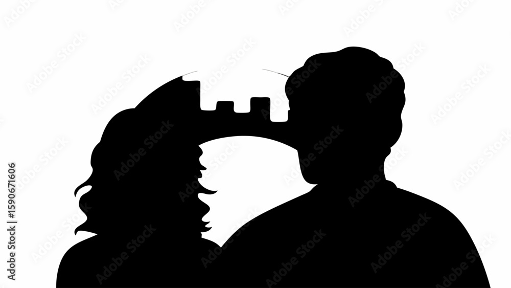 Poster silhouette of a couple with a building structure between them against a white background view image