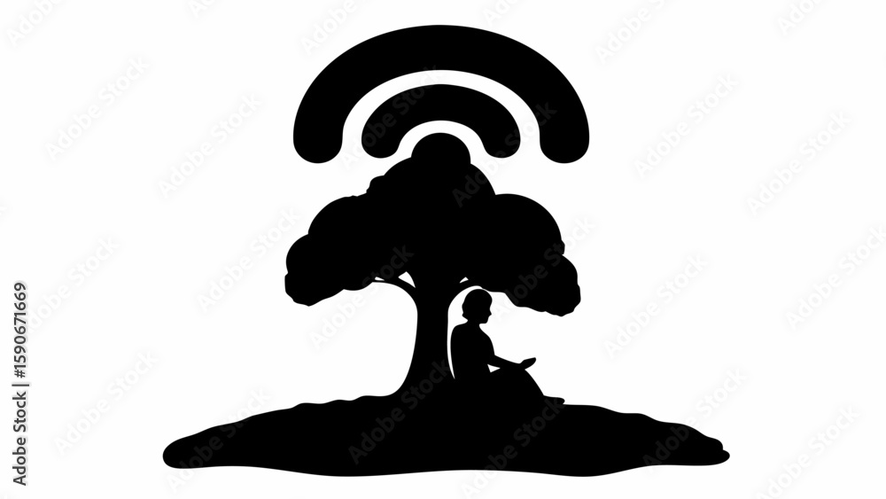 Poster silhouette of person under tree with wifi symbol above representing connection and technology in nat