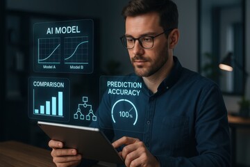 Man Analyzing AI Model Performance on Tablet with Accuracy Score, Model Comparison and Data Charts
