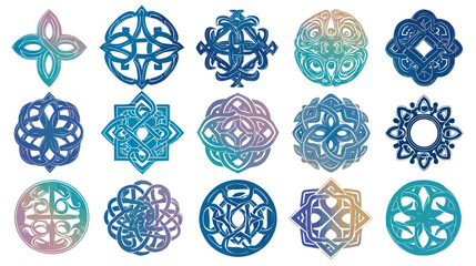 Collection of ornamental celtic knots and designs in various shapes and intricate line patterns isolated on transparent background