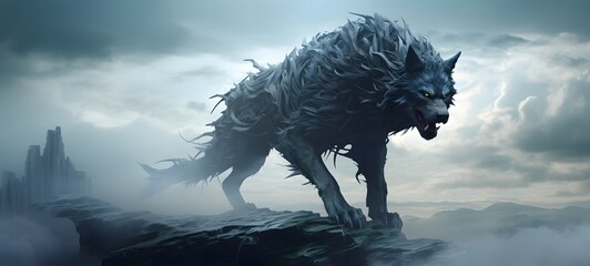 A haunted gothic fenrir perched on a wind-swept hill,ai generative