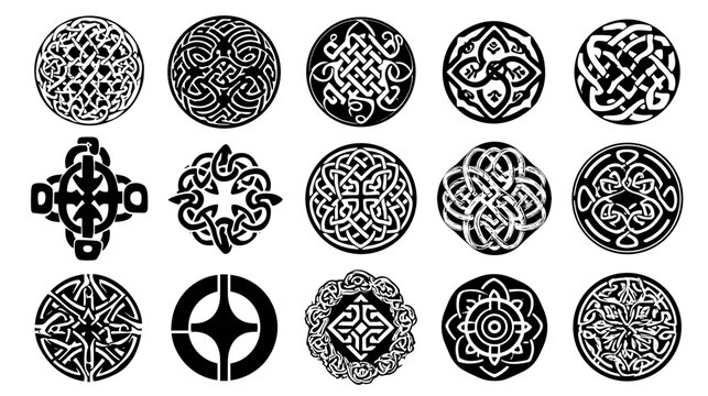 Collection of fifteen black and white celtic knot designs in oval and cross shapes arrangement art on transparent background