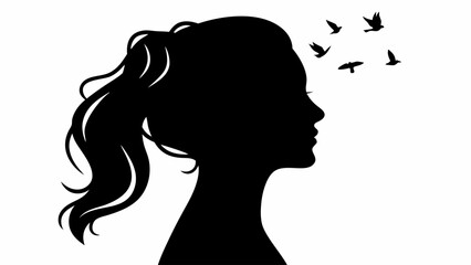 Silhouette of a woman's head with ponytail and birds flying above her head in black and white design