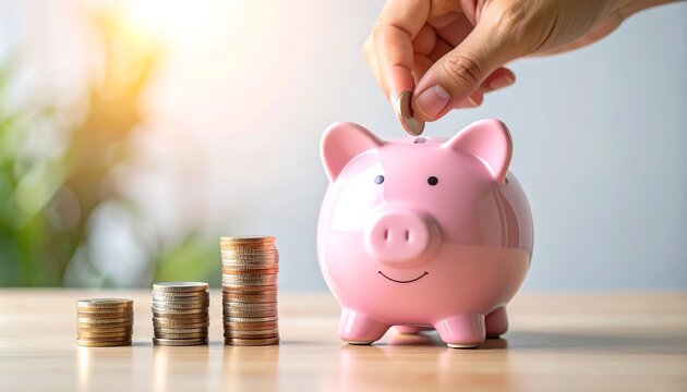Hand putting coin in piggy bank with saving money, financial planning, and investment.