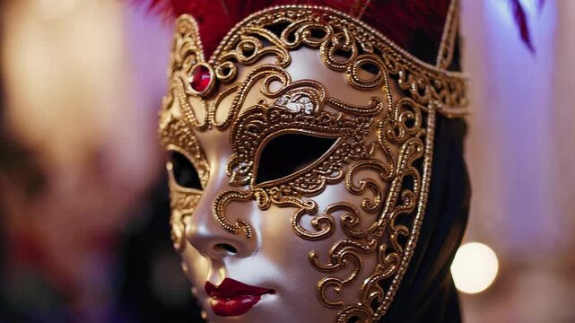 Enigmatic venetian masked ball: intricate gold and red designs in dimly lit room