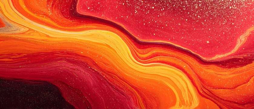 Vibrant red background with orange and yellow hues. The background is a combination of red and orange, creating a warm and energetic atmosphere. The colors seem to be swirling and blending together