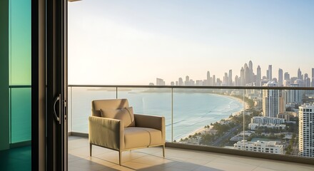 Fototapeta premium Relax on Balcony Overlooking City Skyline and Ocean