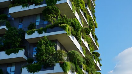 Modern apartment building with lush green balconies and trees against a blue sky
