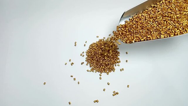 Pouring dark blue masterbatch granules into a white background medium with a stainless scoop, suitable for videography design of plastic industry company profiles	