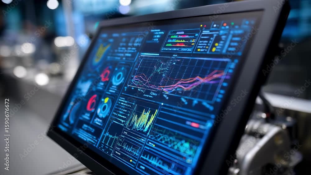 Poster computer screen displaying diverse charts, graphs, and statistics, emphasizing data analysis and mon