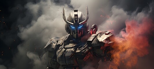 light gundam , coming out of the smoke,ai generative