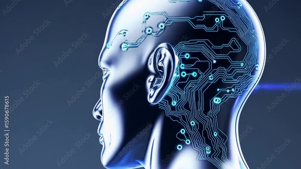 Aufkleber side profile of a futuristic robotic head with circuit patterns, captured from a side angle, resembl