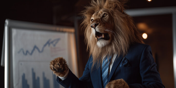 Lion in business suit energetically presents in modern office setting, standing beside flip chart with graphs. scene conveys confidence and leadership