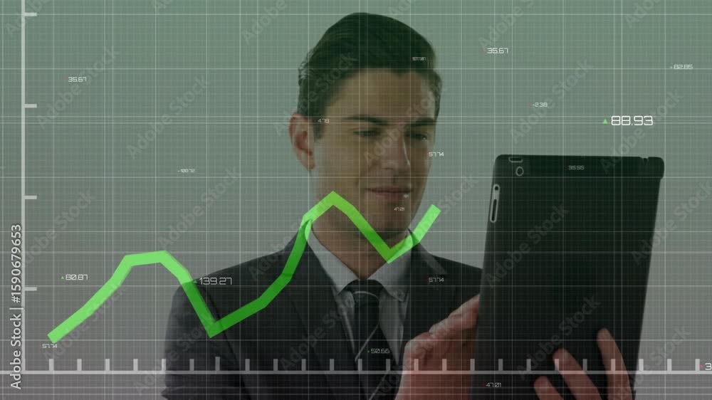 Poster white businessman tapping tablet and reviewing trend on fluctuating green graph on numeric grid