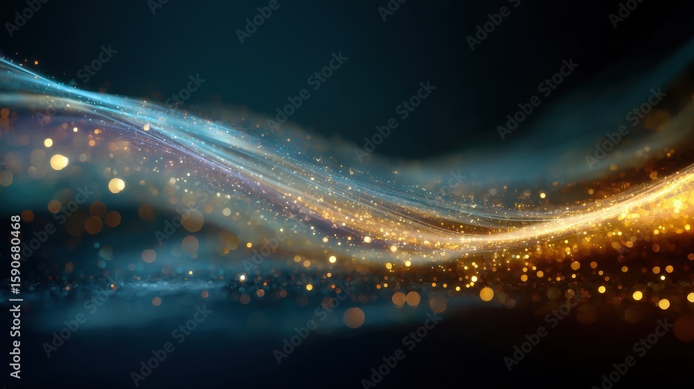Poster a dynamic wave of glowing golden and blue particles flows smoothly against a dark background, creati