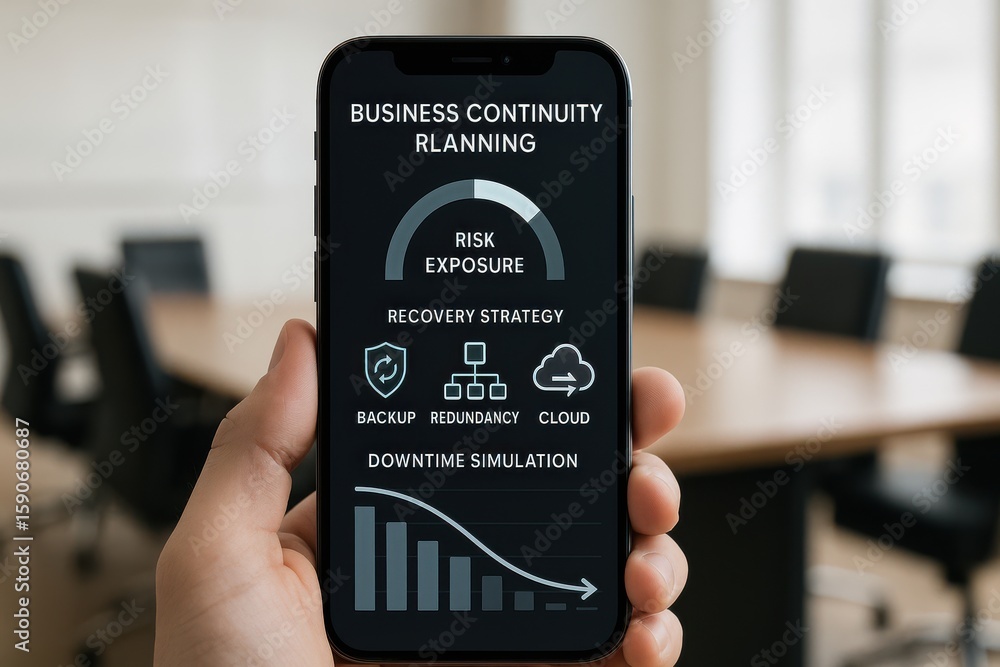 Poster hand holding phone displaying business continuity planning interface with risk exposure and recovery
