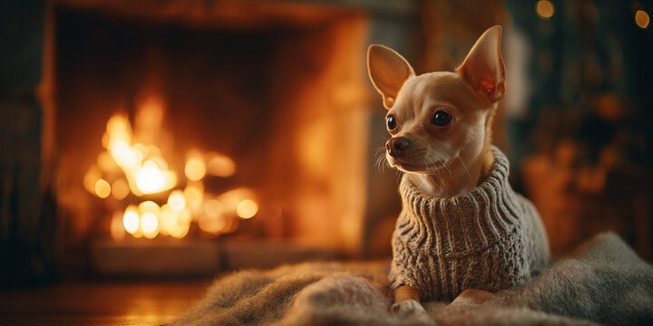 Small chihuahua wearing knitted sweater sits cozily by warm fireplace, creating cozy and serene atmosphere. soft glow of fire adds to peaceful ambiance - Powered by Adobe