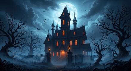 Eerie Mansion Under Full Moon: Halloween Night, Spooky, Dark, and Mystical