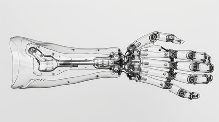 Futuristic Transparent Robotic Arm with Intricate Internal Mechanisms in Monochromatic Tone Front View