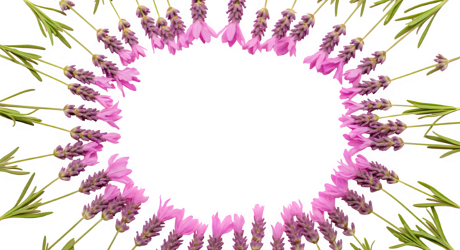 A circular arrangement of lavender flowers with green leaves on a black background creating a frame design