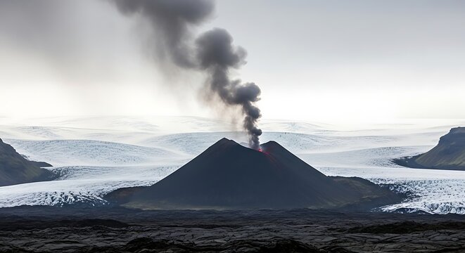 Volcanic Landscape Dramatic Iceland Eruption with Ash and Ice, A Powerful Display of Earth's Forces