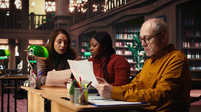 Mature team of performers rehearsing script dialogue together in a library, making drama play role preparations for character development. commitment to acting and dramaturgy. Camera A.