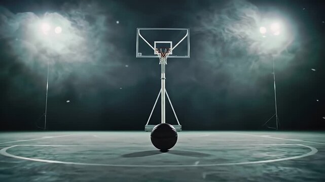 Basketball Court with Black Ball in Dramatic Lighting and Smoky Backdrop for Action Sport Themes