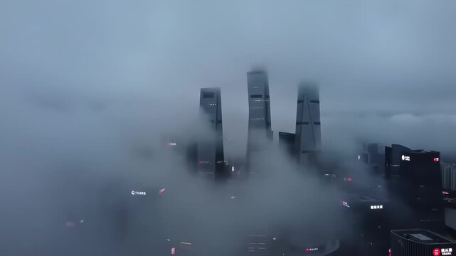 Fog-shrouded city skyline
