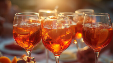 Fototapeta premium Aperol Spritz Glasses Shine Bright on a Table During Buon Ferragosto Family Celebration Outdoors