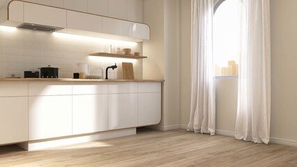 Modern, minimal cream kitchen with white cabinet counter wooden top in sunlight from arch window with sheer curtain on parquet floor for interior design decoration background 3D