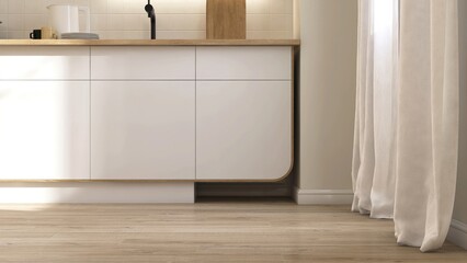 Brown wooden parquet floor in modern, minimal cream kitchen with white cabinet counter wooden top, square tile splash back in sunlight from window for interior design decoration background 3D