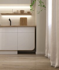 Brown wooden parquet floor in modern, minimal cream kitchen with white cabinet counter wooden top, square tile splash back in sunlight from window for interior design decoration background 3D