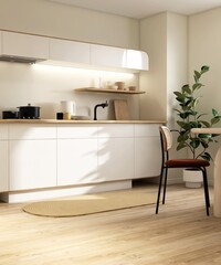 Modern, minimal cream kitchen and dining room with white cabinet counter wooden top, beige round dining table in sunlight from window on parquet floor for interior design decoration background 3D