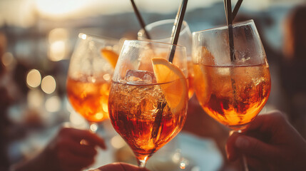 Buon Ferragosto Aperol Spritz Toast by the Sea During Golden Hour Summer Festivities