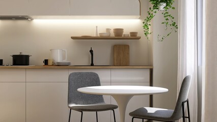 Modern, minimal cream kitchen and dining room with white cabinet counter wooden top, round dining table, gray chair in sunlight from window for interior design decoration background 3D