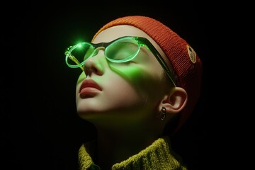 Glowing green light illuminates figure's face the debilitating effects of migraines in a dark environment