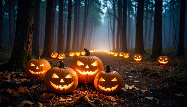 Jack-o'-lanterns illuminate a misty forest path