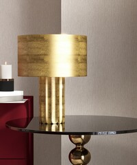 Round black glass top coffee podium table with gold lamp in sunlight on gray wallpaper wall for beauty, cosmetic, skincare, body care product podium background 3D