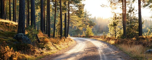 Serene Sunrise Illuminating Pine Forest Road with Warm Light, Nature's Beauty Captured in Dawn Scene