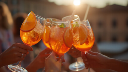 Celebrating Buon Ferragosto with Aperol Spritz Cocktails at Sunset on a Rooftop Terrace in Italy