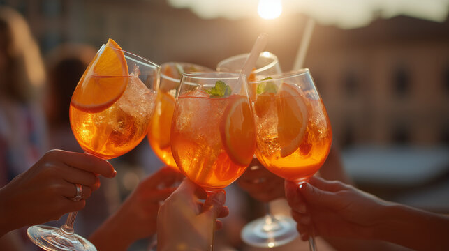 Celebrating Buon Ferragosto with Aperol Spritz Cocktails at Sunset on a Rooftop Terrace in Italy