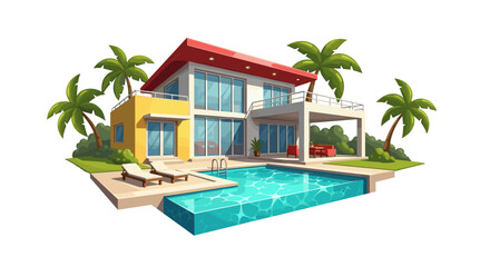 Fototapeta premium Illustration of a modern two story villa with a red roof and a swimming pool surrounded by palm trees on transparent background