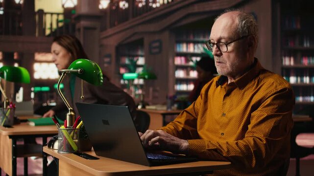 Elderly male adult reviewing academic text on a laptop at the university, sitting in classic study area at library and browsing online documents. Education through formal learning. Camera A.