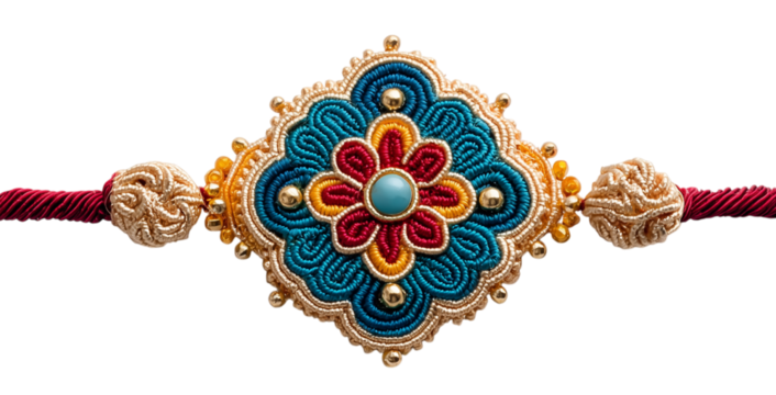 beautifully crafted rakhi with intricate floral embroidery in blue, gold, and red, featuring a central gemstone. Isolated on transparent background. PNG, cutout.

