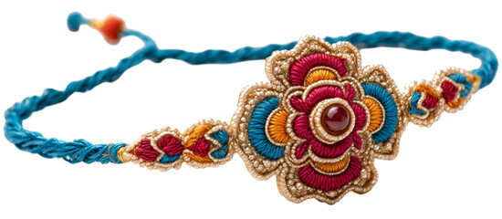  vibrant red, blue, and gold braided rakhi with intricate floral patterns and beads, isolated on transparent background. PNG, cutout.
