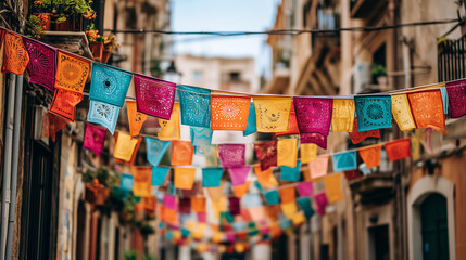 Obraz premium Close-up of vibrant hanging flags on Italian streets during Buon Ferragosto celebration symbolizing joy, summer, and tradition