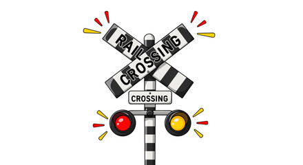 Illustration of a railway crossing sign with flashing lights and the words rail crossing on the signpost on transparent background