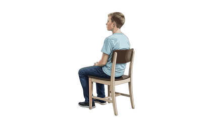 A young boy with short hair is sitting on a wooden chair with a brown back, wearing jeans and a t shirt looking away on transparent background